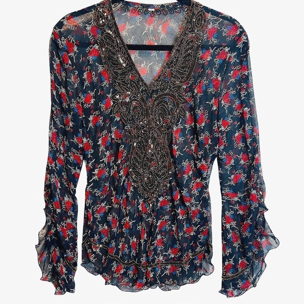 Y2K Sheer Floral Going Out Top Womens‎ L Beaded Sequin Bell Sleeve Whimsigoth